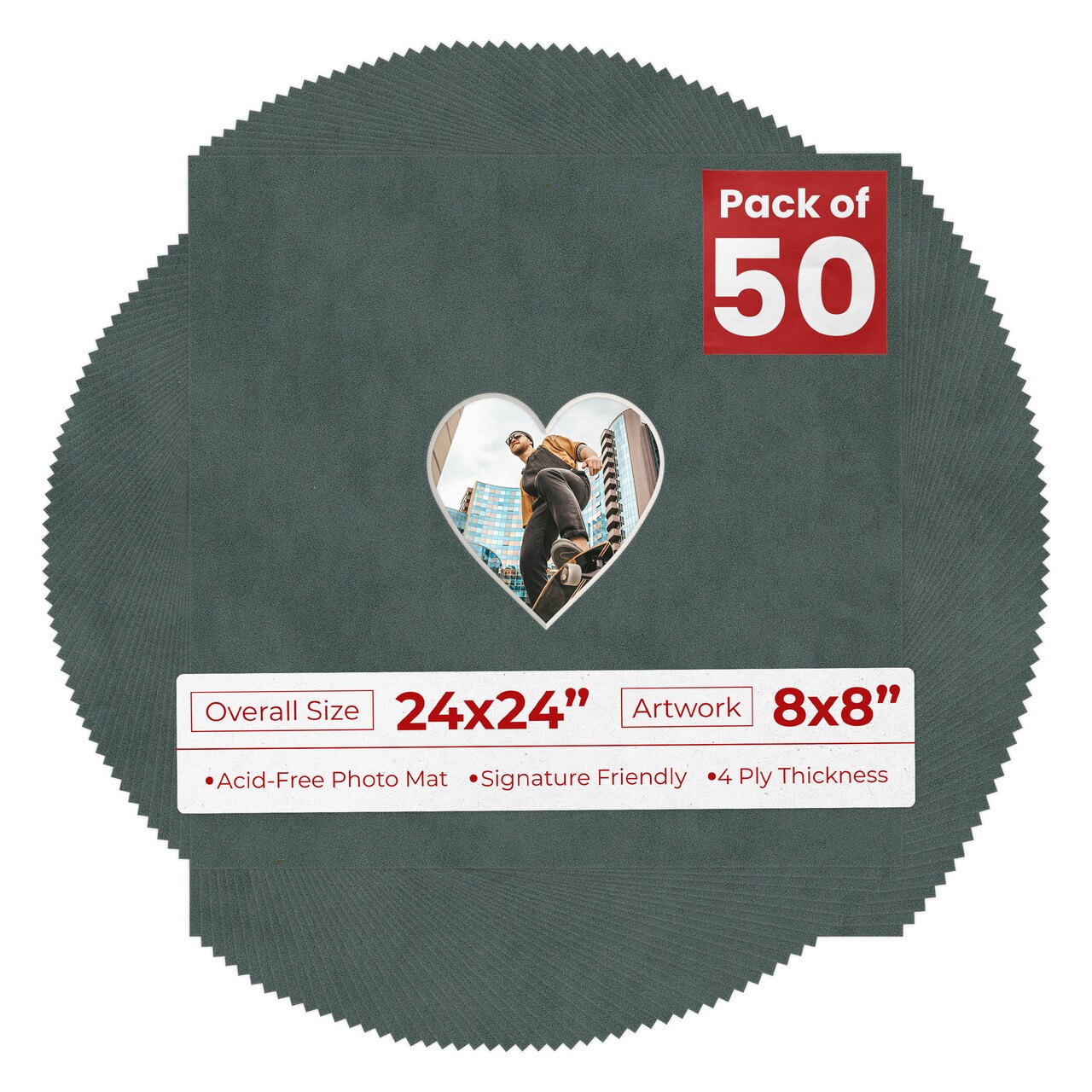 Dark Grey Suede Mat Board for 24x24 Frames - Heart Opening for 8x8 Photos